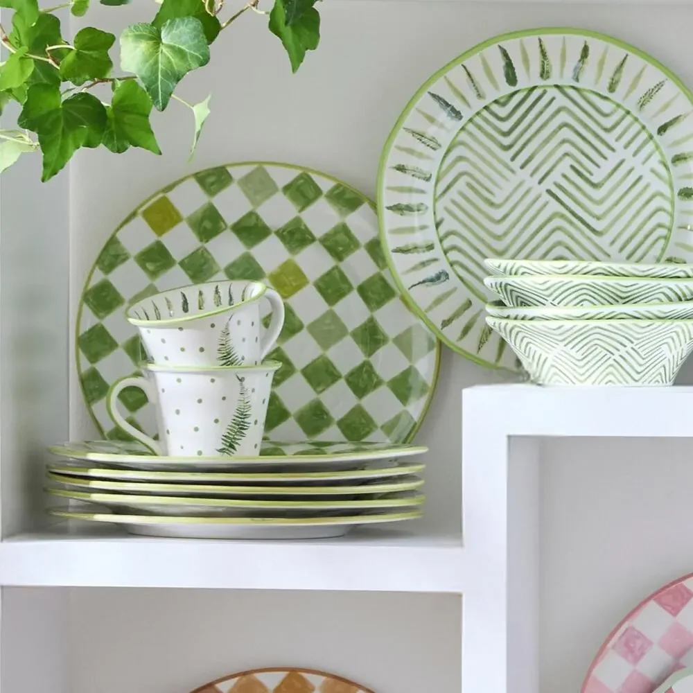 Mackenzie Childs Green Check Round Platter 13.25in Portugal Stoneware NEW